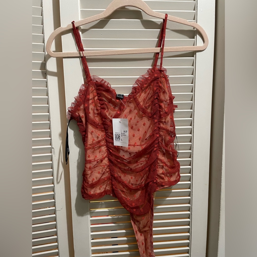 Red Sheer Polka Dot Ruched Bodysuit